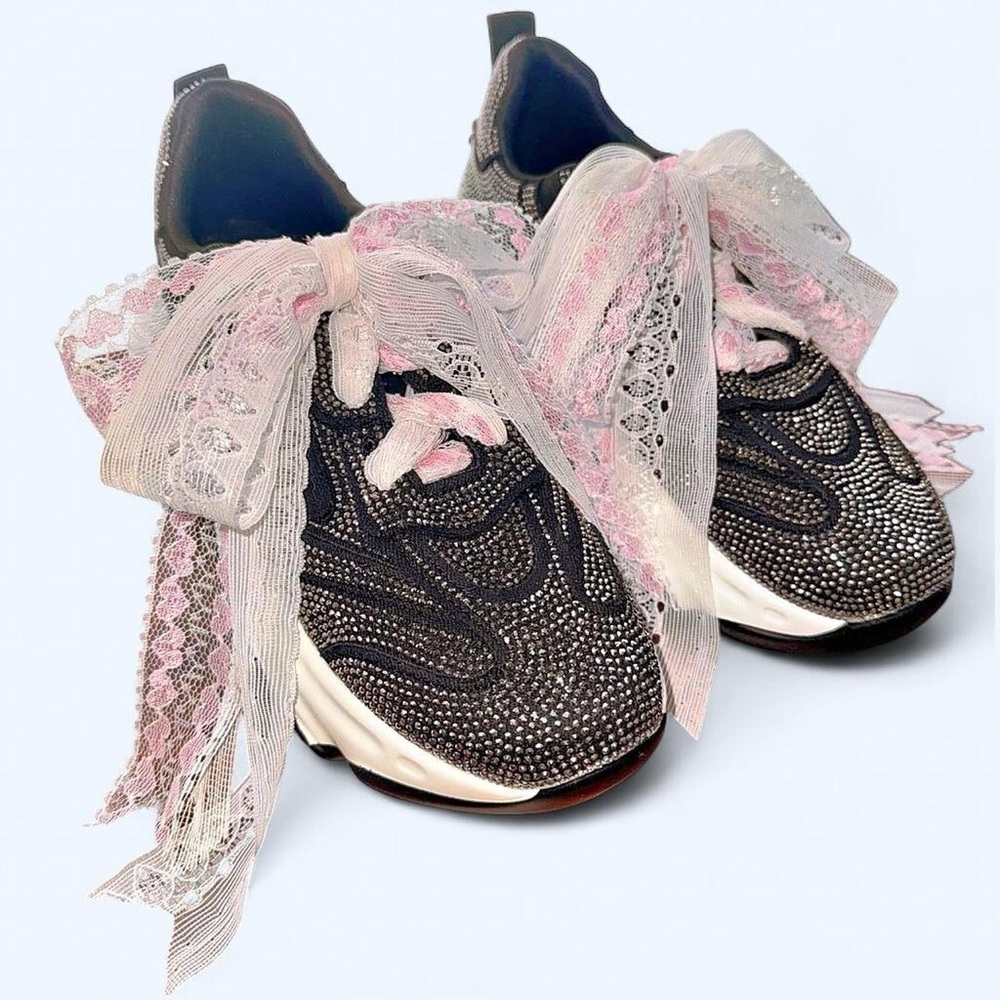 Y2K Bling Coquette Black Rhinestone Sneakers White Pink Heart Lace Bows Size 7